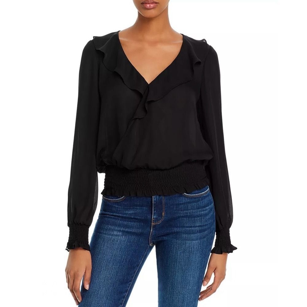 Parker Quincy Silk Smocked Waist Blouse in Black Size XS